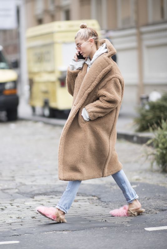 HAILEY BALDWIN in Oversized Coat and Slippers Out in New York 01/16 ...