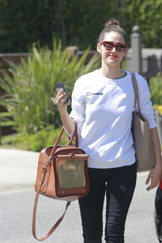 EMMY ROSSUM with Her Dog in a Pet Purse Out in Hollywood 04/11/2018