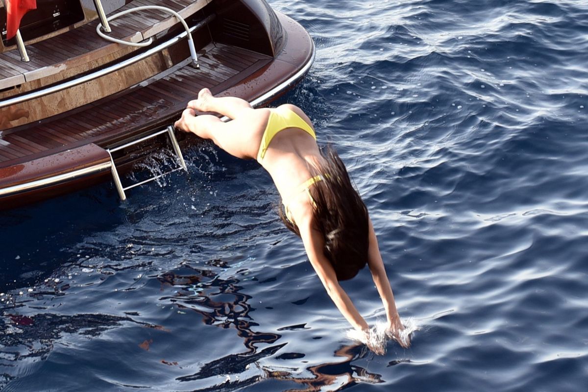 NICOLE SCHERZINGER in Yellow Bikini at a Boat in Capri 06/15