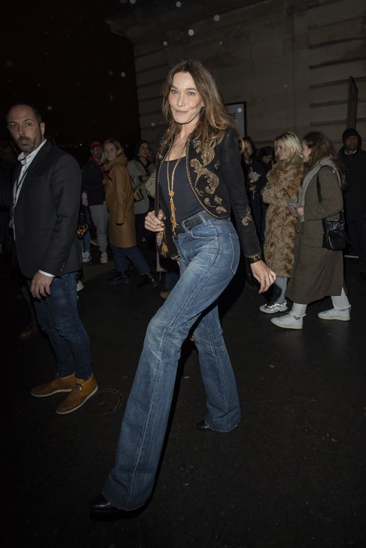 CARLA BRUNI in Denim Arrives at Celine Fashion Show in Paris 02/28/2020