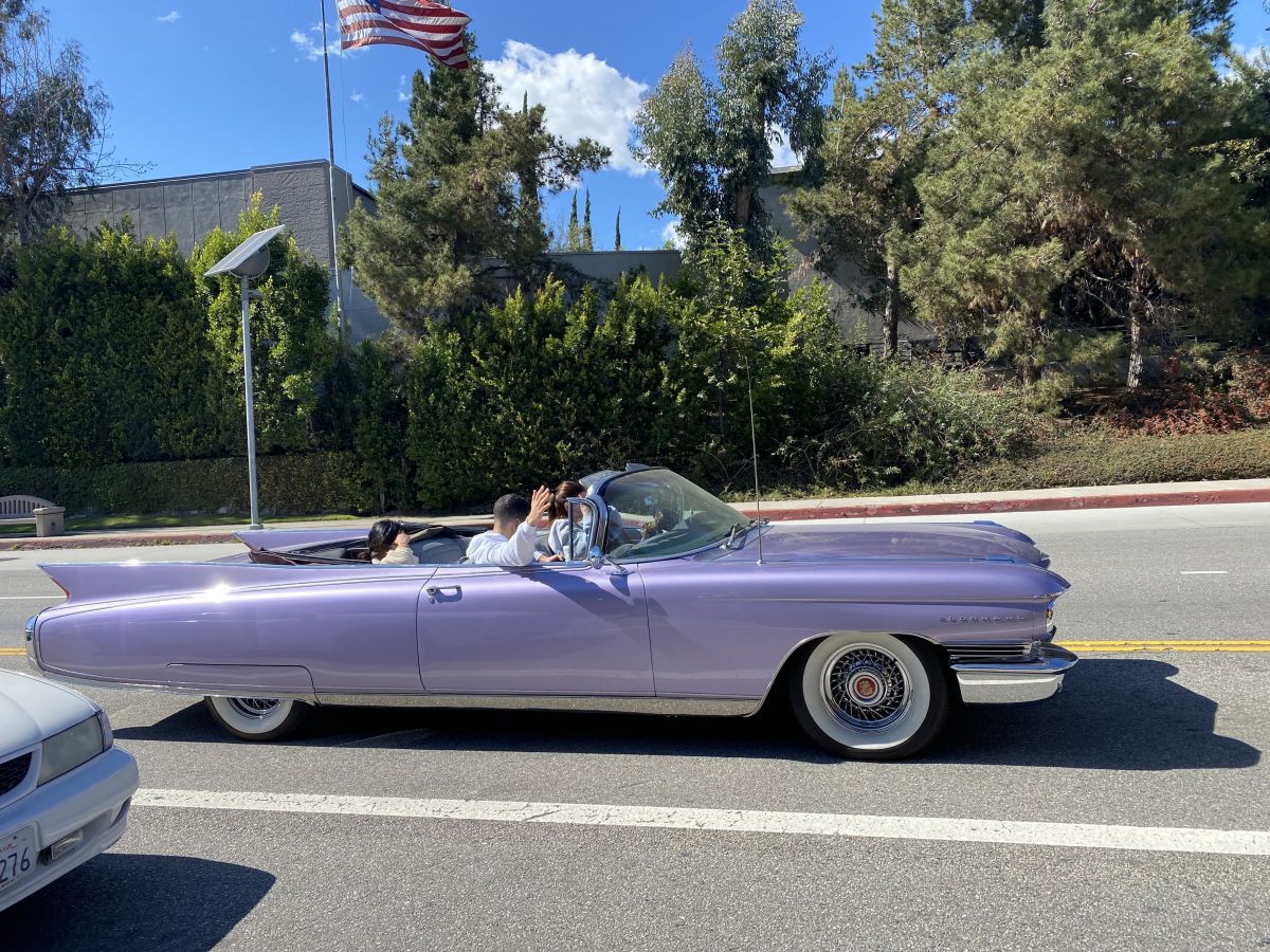 kendall jenner in her purple 1960 cadillac eldorado convertible driving out in los angeles 03 18 2020 hawtcelebs kendall jenner in her purple 1960