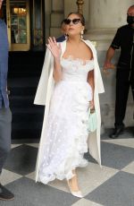 LADY GAG in a White Lace and Ruffle Dress Leaves Plaza Hotel in New York 07/01/2021