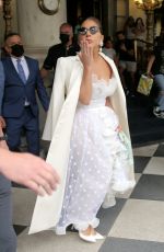 LADY GAG in a White Lace and Ruffle Dress Leaves Plaza Hotel in New York 07/01/2021