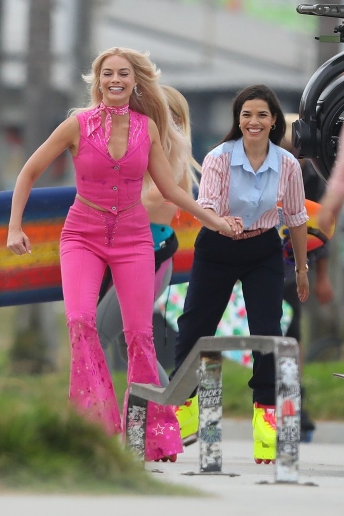 MARGOT ROBBIE and AMERICA FERRERA on the Set of Barbie in Venice Beach ...