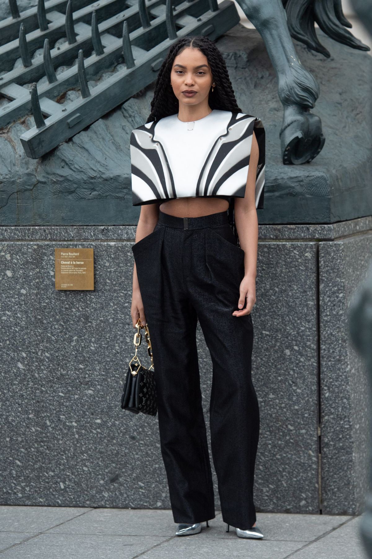 Street style, Sharon Alexie arriving at Louis Vuitton Fall-Winter