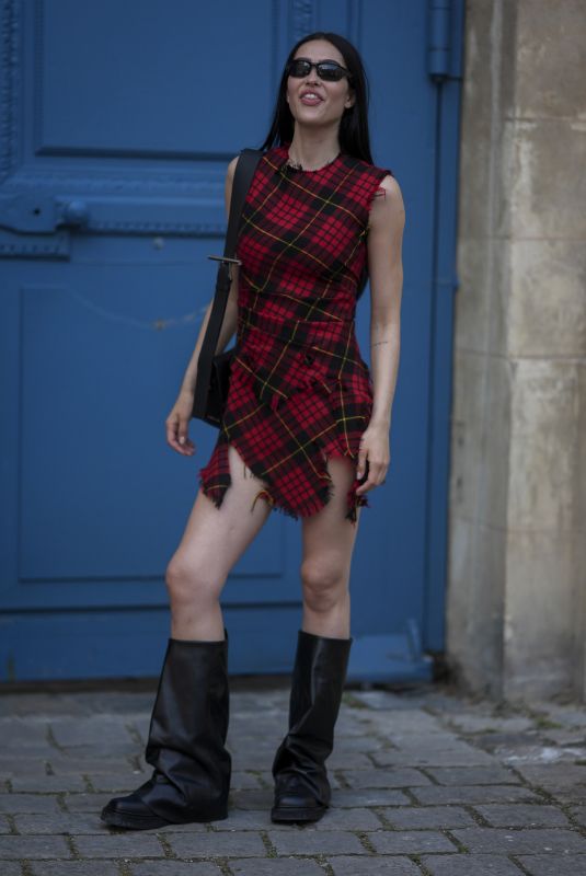 AMELIA HAMLIN in a Red Tartan Dress and Large Black Boots Out in Paris 06/21/2024