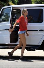 JESSICA HART in Denim Shorts and Red T-shirt Out in Los Angeles 06/19/2024